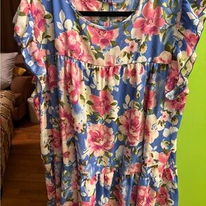Floral Ruffle Sleeve Blouse in Blue and Pink